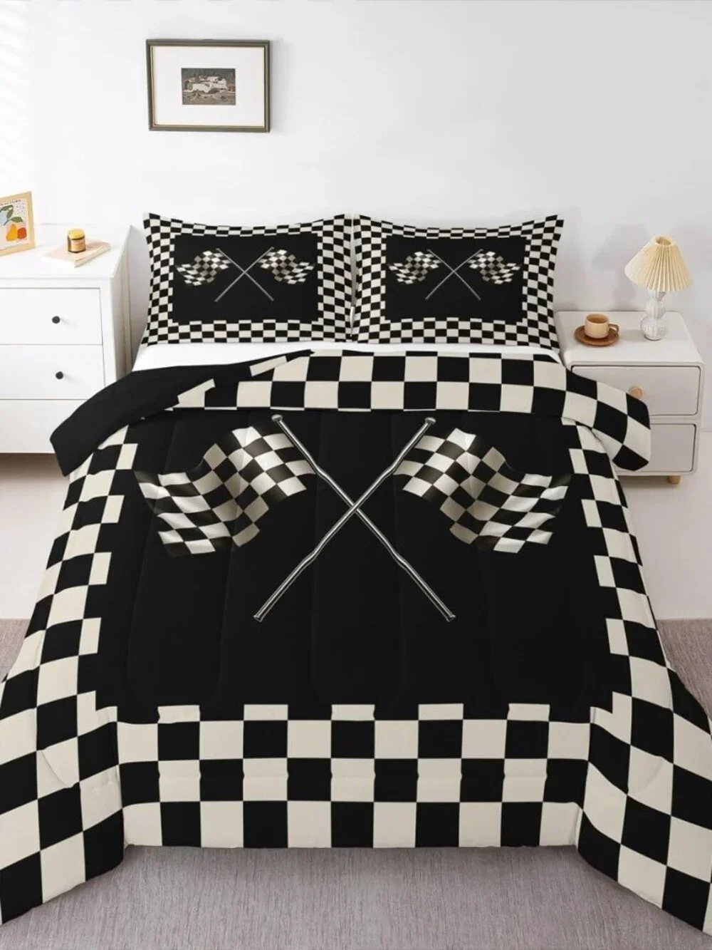 Black White Flag Full Size Comforter Set Geometric Grid Bedding Set for Kids Adu